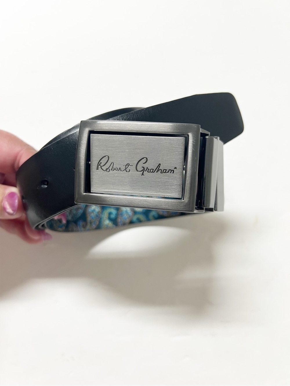 Robert Graham Mens Black Reversible Leather Belt with Brushed Metal Logo Buckle - Picture 4 of 11